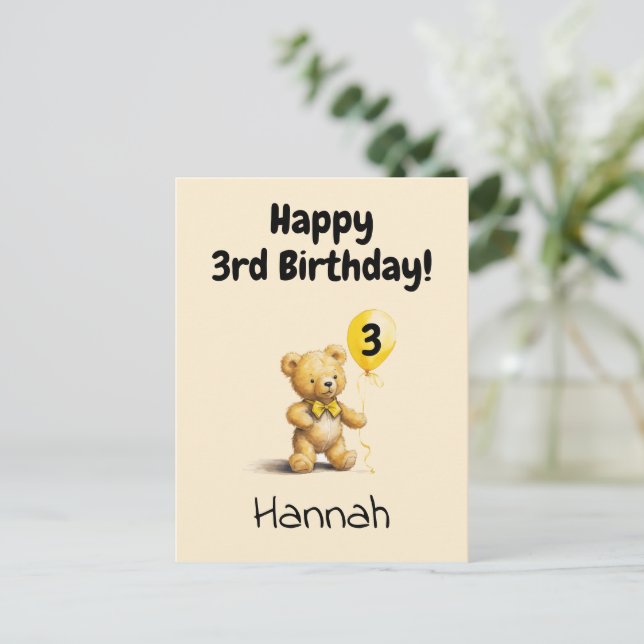 Postal Happy 3rd Birthday, Personalized Teddy Bear Card,  (Anverso de pie)