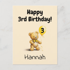 Postal Happy 3rd Birthday, Personalized Teddy Bear Card, 
