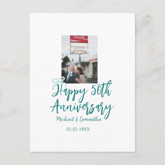 Postal Happy 50th anniversary photo turquoise bow name da (Anverso)