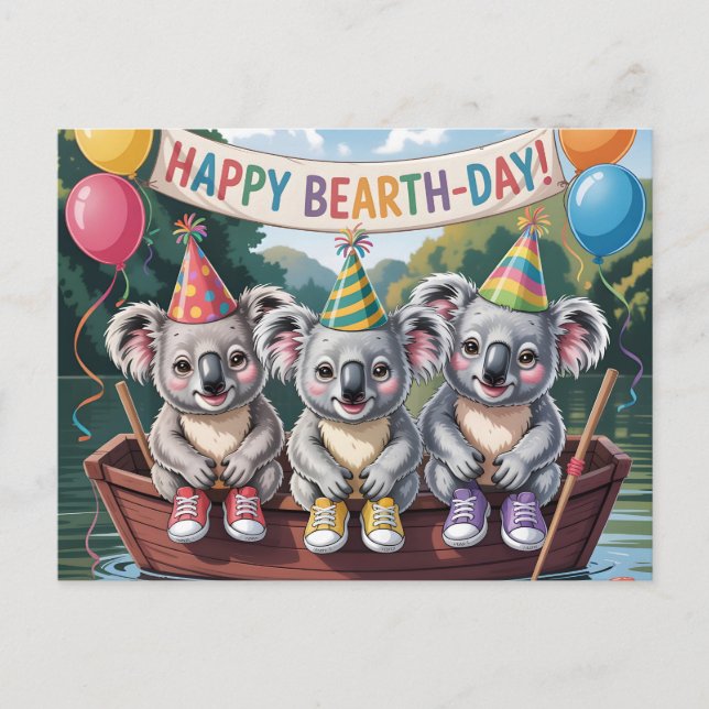 Postal "Happy Bearth-Day" Koala Boat Party Illustration (Anverso)