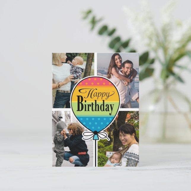 Postal Happy Birday Colorful Balloon 4 Photo Card (Anverso de pie)