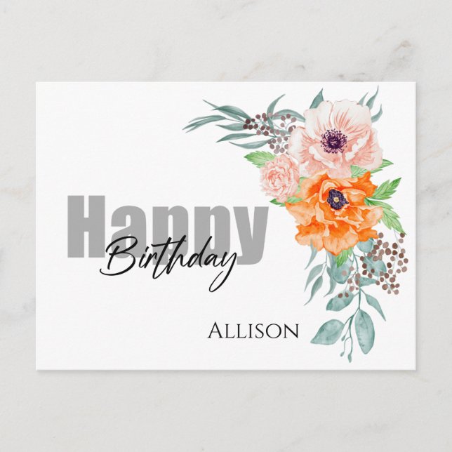 Postal Happy Birday Poppy Flores Watercolor Postcard (Anverso)