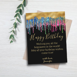 Postal happy birthday colorful gold dripping glitters 
