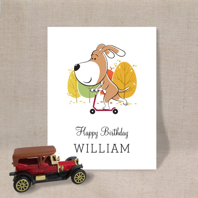 Postal Happy Birthday Cute Funny Dog Puppy Kick Scooter (Subido por el creador)