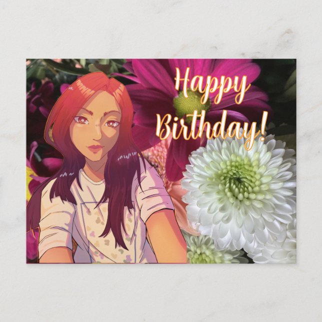 Postal Happy birthday flowers. anime (Anverso)