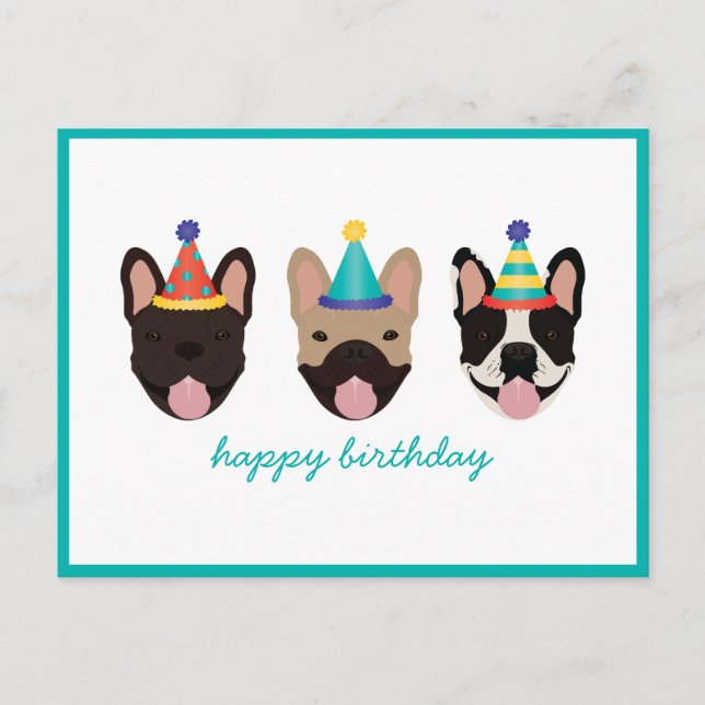 Postal Happy Birthday French Bulldog Party Hats (Anverso)
