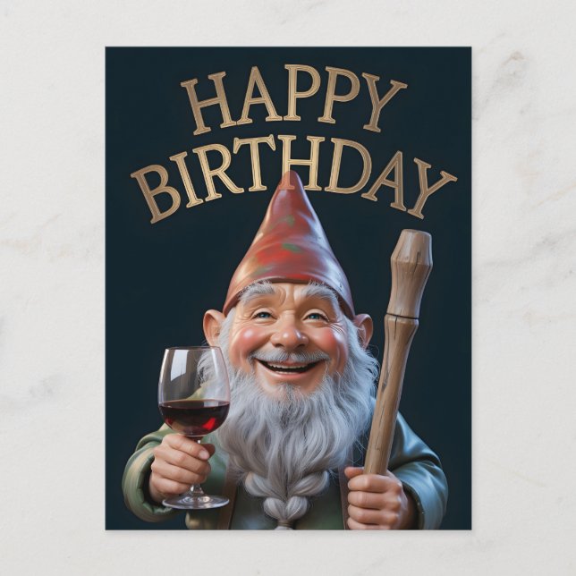Postal "Happy Birthday" Gnome Toasting with Red Wine (Anverso)