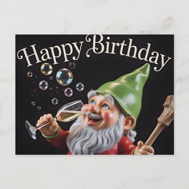 Postal "Happy Birthday" Gnome with Champagne and Bubbles (Anverso)