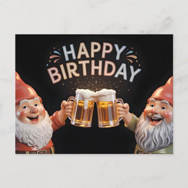 Postal "Happy Birthday" Gnomes Toasting Beer Mugs (Anverso)
