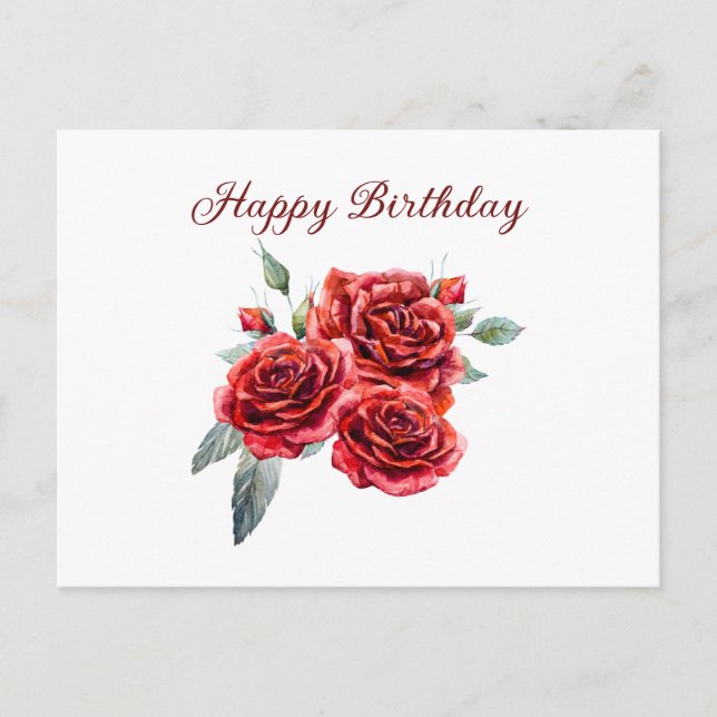 Postal Happy Birthday Watercolor Red Roses  (Anverso)