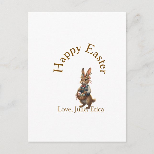 Postal Happy Easter brown bunny with eggs love add name  (Anverso)