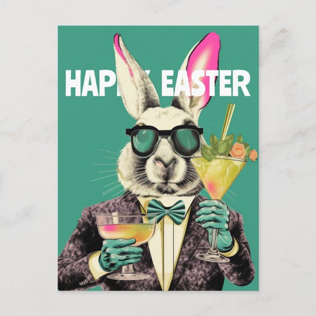 Postal Happy Easter Bunny with Sunglasses Cocktails Funny (Anverso)