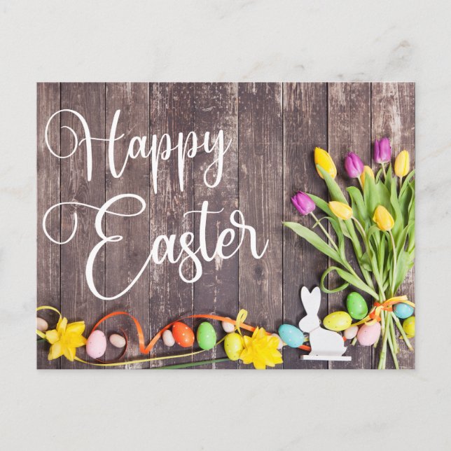 Postal Happy Easter Postcard Wood Background Flowers (Anverso)