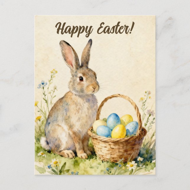Postal Happy Easter Vintage Bunny with Egg Basket (Anverso)