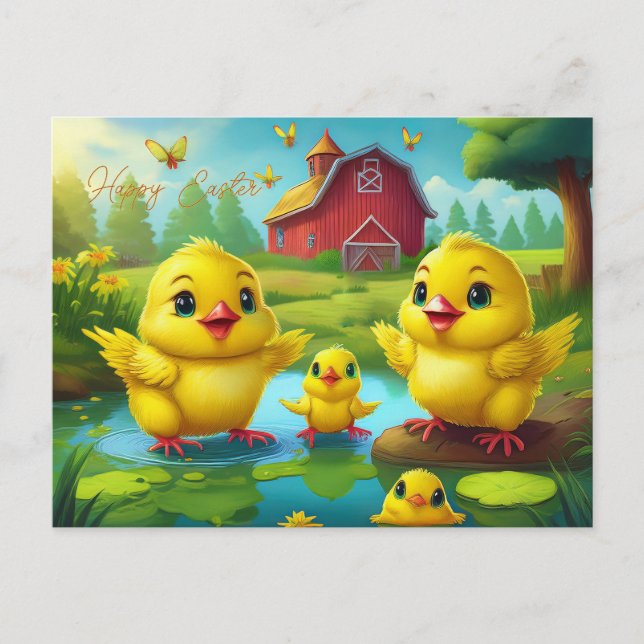 Postal Happy Easter Yellow Chicks in a Pond by a Red Barn (Anverso)