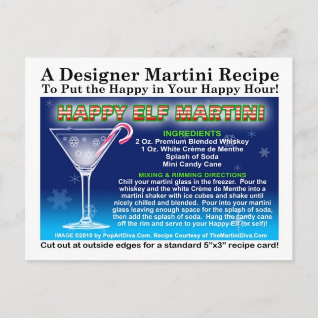 Postal Happy Elf Navidades Martini Recipe Postcard (Anverso)