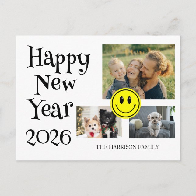 Postal Happy Face Three Photos New Year  (Anverso)