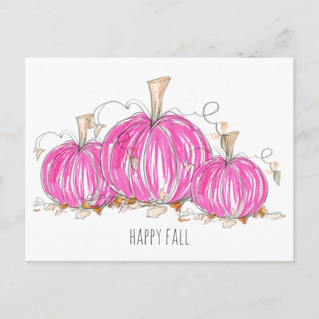 Postal Happy Fall Pink Pumpkins deja acuarela (Anverso)