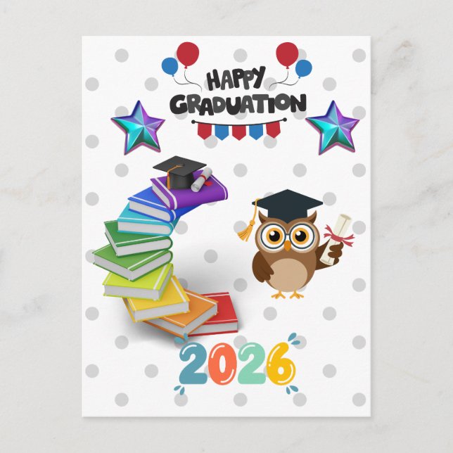 Postal Happy Graduation 2026 - Cute Owl & Books  (Anverso)