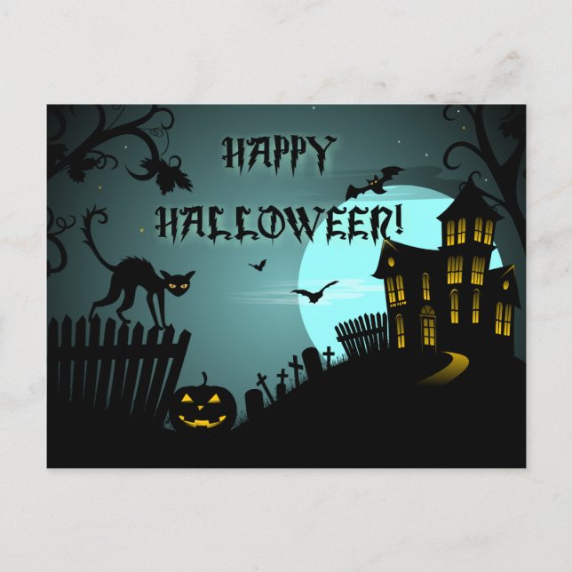 Postal Happy Halloween Black Cat Haunted House Blue (Anverso)
