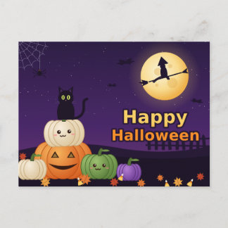 Postal Happy Halloween Black Cat Pumpkins Witch Moon Post