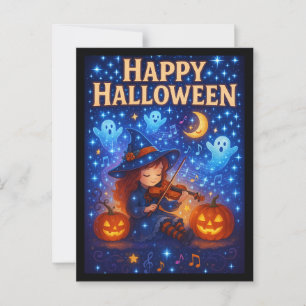 Postal Happy Halloween Cute Musical Witch Postcard