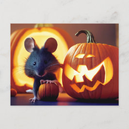 Postal Happy Halloween. Kleine  niedliche Maus mit Kürbis