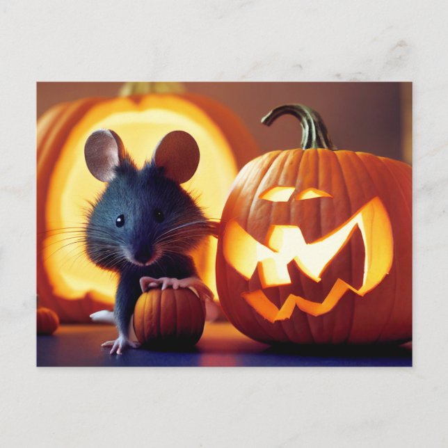 Postal Happy Halloween. Kleine  niedliche Maus mit Kürbis (Anverso)