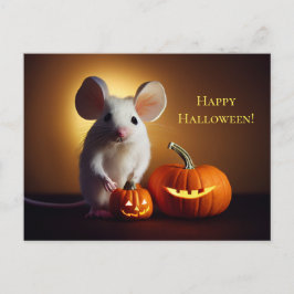 Postal  Happy Halloween. Kleine niedliche Maus mit Kürbis