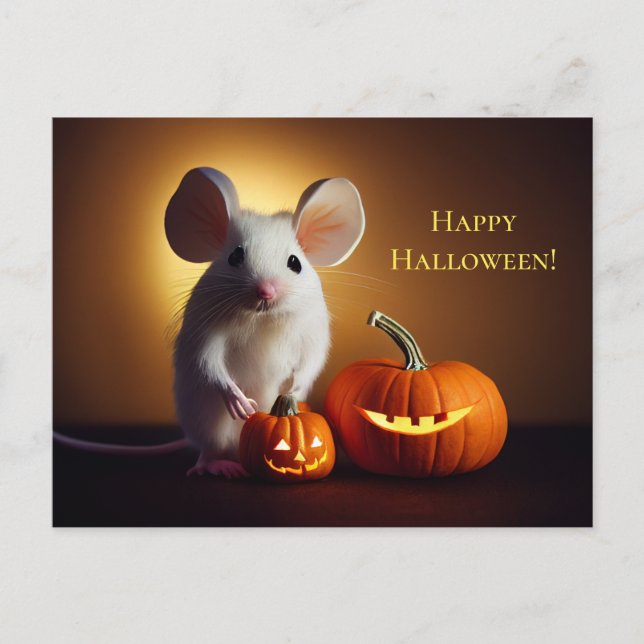Postal  Happy Halloween. Kleine niedliche Maus mit Kürbis (Anverso)