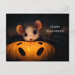Postal Happy Halloween. Kleine  niedliche Maus mit Kürbis