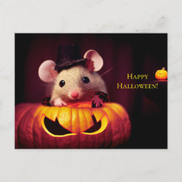 Postal  Happy Halloween. Kleine niedliche Maus mit Kürbis