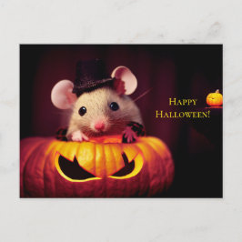 Postal  Happy Halloween. Kleine niedliche Maus mit Kürbis