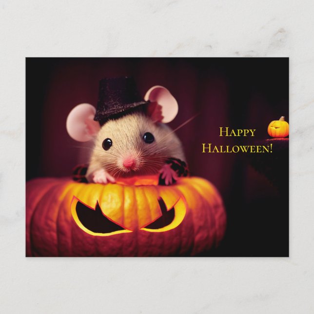 Postal  Happy Halloween. Kleine niedliche Maus mit Kürbis (Anverso)