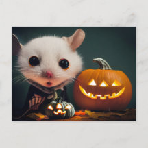  Happy Halloween. Kleine niedliche Maus mit Kürbis
