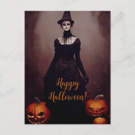 Postal Happy Halloween with a witch in Gothic dress.