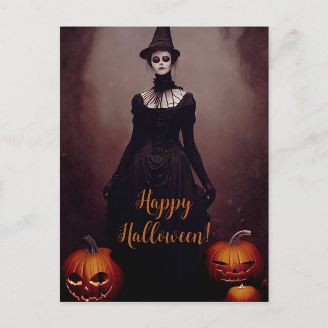 Postal Happy Halloween with a witch in Gothic dress. (Anverso)