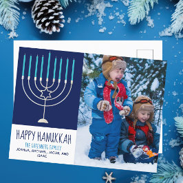Postal Happy Hanukkah Family Photo Cute Blue Menorah