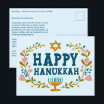 Postal HAPPY HANUKKAH Floral Wreath Menorah Personalizado<br><div class="desc">Dibujé texto a mano y flores por mí para ti. Haga clic en "personalizar" para editar y agregar su propio texto y devolver la dirección al dorso de la postal o cambiar los colores de fondo. Todo es personalizable. Para más diseños y colores, revisa mi tienda! O hazme saber si...</div>