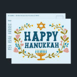 Postal HAPPY HANUKKAH Floral Wreath Menorah Personalizado<br><div class="desc">Dibujé texto a mano y flores por mí para ti. Haga clic en "personalizar" para editar y agregar su propio texto y devolver la dirección al dorso de la postal o cambiar los colores de fondo. Todo es personalizable. Para más diseños y colores, revisa mi tienda! O hazme saber si...</div>
