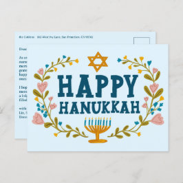 Postal HAPPY HANUKKAH Floral Wreath Menorah Personalizado