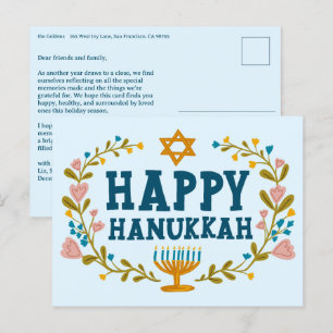 Postal HAPPY HANUKKAH Floral Wreath Menorah Personalizado