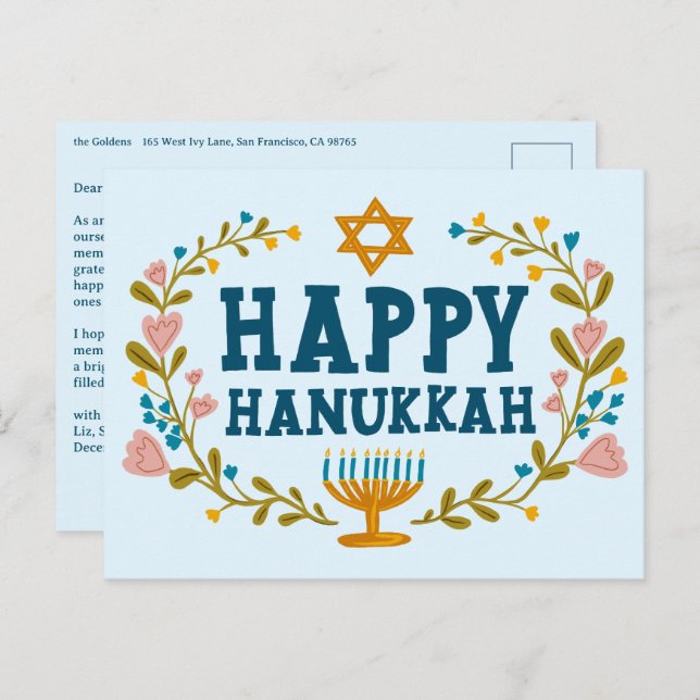 Postal HAPPY HANUKKAH Floral Wreath Menorah Personalizado (Anverso / Reverso)