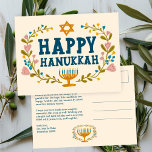 Postal HAPPY HANUKKAH Floral Wreath Menorah Personalizado<br><div class="desc">Dibujé texto a mano y flores por mí para ti. Haga clic en "personalizar" para editar y agregar su propio texto y devolver la dirección al dorso de la postal o cambiar los colores de fondo. Todo es personalizable. Para más diseños y colores, revisa mi tienda! O hazme saber si...</div>