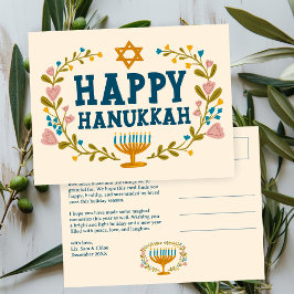 Postal HAPPY HANUKKAH Floral Wreath Menorah Personalizado