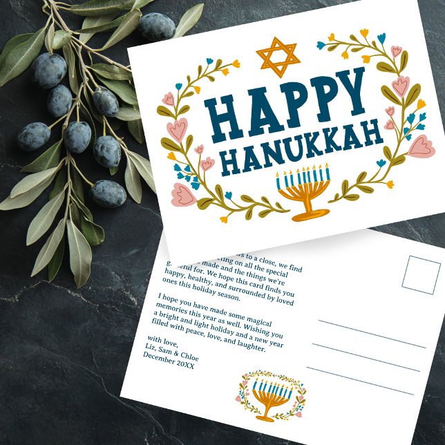 Postal HAPPY HANUKKAH Floral Wreath Menorah Personalizado (HAPPY HANUKKAH Floral Wreath Menorah Custom text Non-photo  Postcard
)