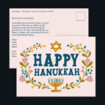 Postal HAPPY HANUKKAH Floral Wreath Menorah Personalizado<br><div class="desc">Dibujé texto a mano y flores por mí para ti. Haga clic en "personalizar" para editar y agregar su propio texto y devolver la dirección al dorso de la postal o cambiar los colores de fondo. Todo es personalizable. Para más diseños y colores, revisa mi tienda! O hazme saber si...</div>
