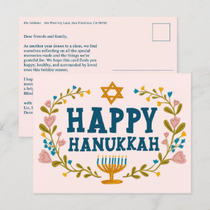 Postal HAPPY HANUKKAH Floral Wreath Menorah Personalizado