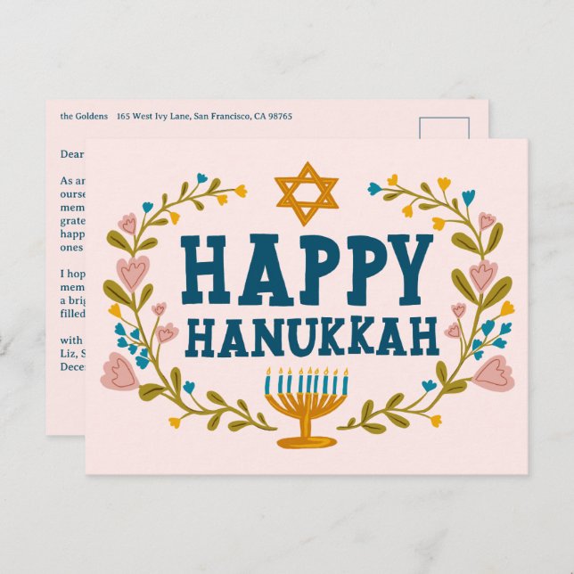 Postal HAPPY HANUKKAH Floral Wreath Menorah Personalizado (Anverso / Reverso)