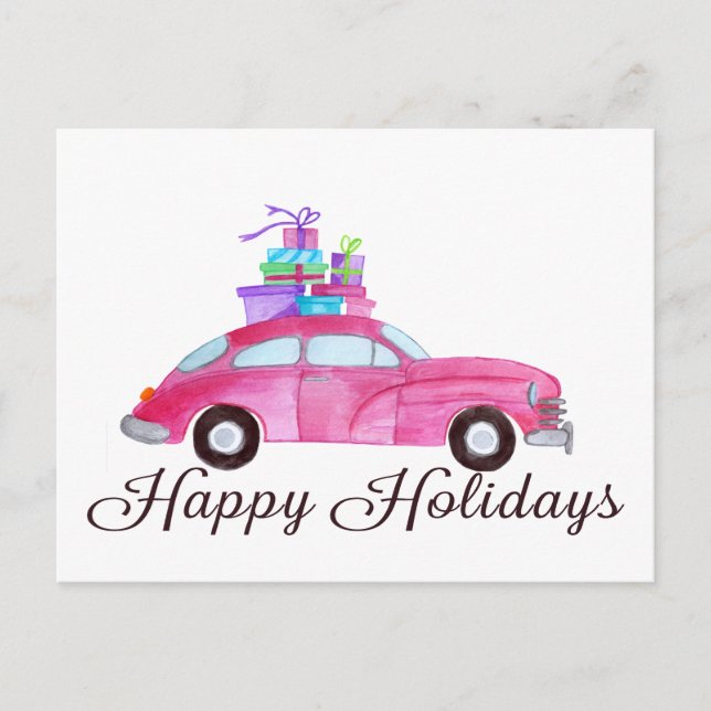 Postal Happy Holidays Classic Car Watercolor (Anverso)